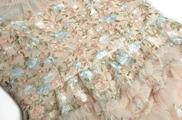Top Quality New 2024 Spring Summer Wedding Party Lady Luxurious Embroidery Ruffle Floral Apricot Red Long Tulle Mesh Dress Maxi