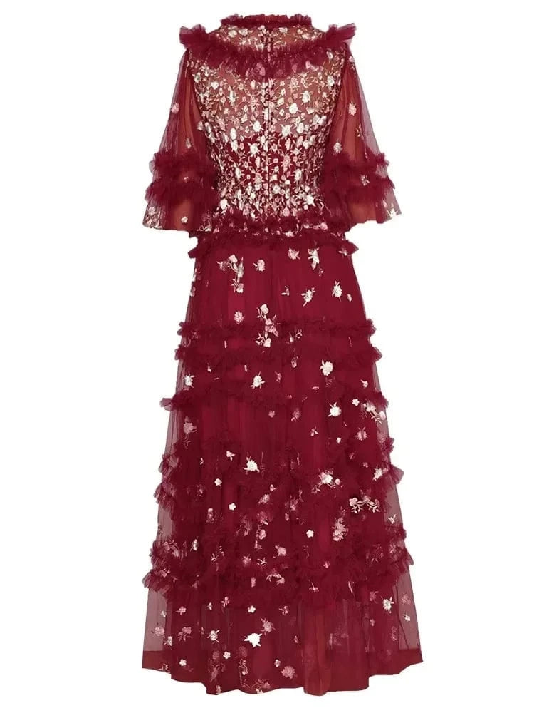 Top Quality New 2024 Spring Summer Wedding Party Lady Luxurious Embroidery Ruffle Floral Apricot Red Long Tulle Mesh Dress Maxi
