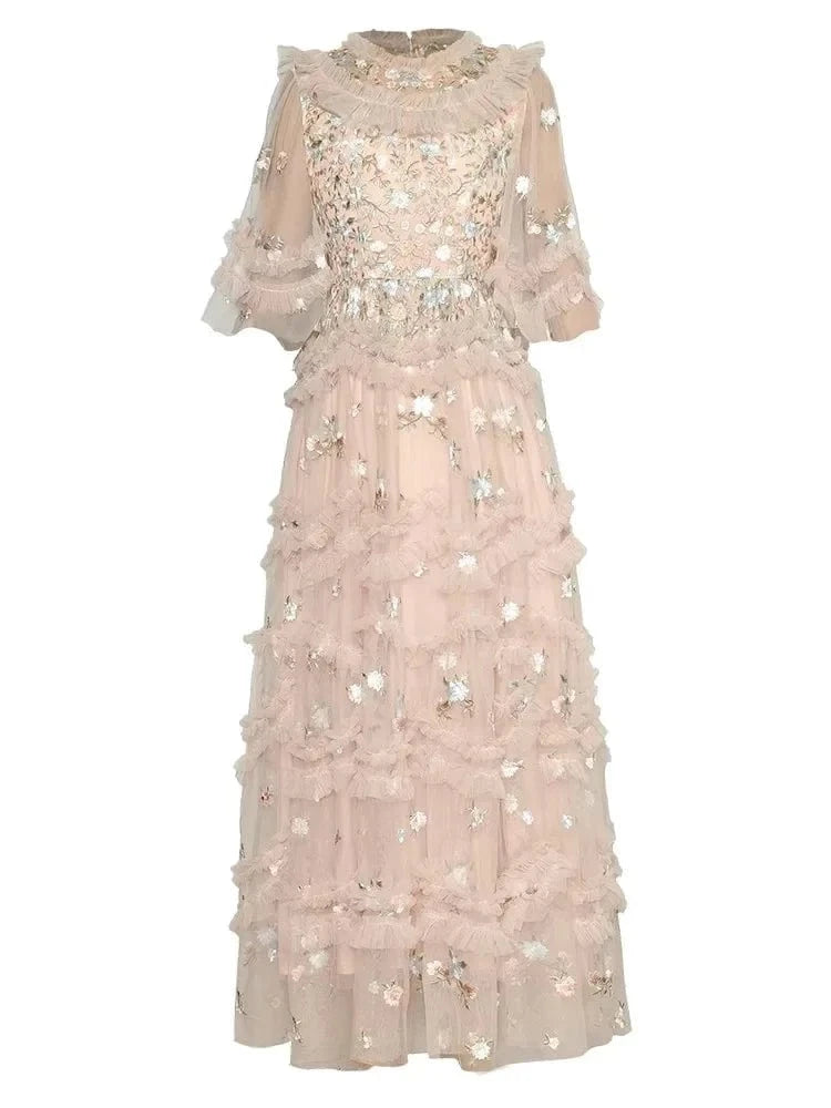 Top Quality New 2024 Spring Summer Wedding Party Lady Luxurious Embroidery Ruffle Floral Apricot Red Long Tulle Mesh Dress Maxi