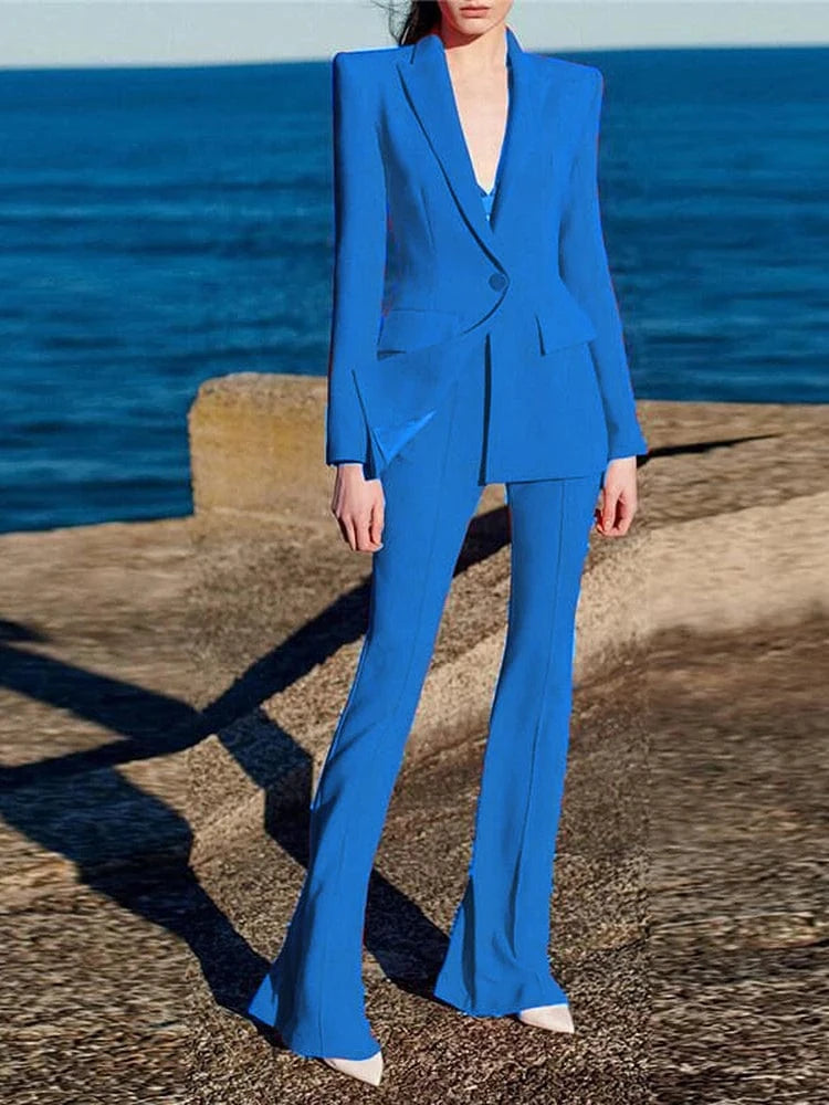 TOP QUALITY Newest 2024 Designer Runway Suit Set Women's Single Button Slim Fit Blazer Flare Pants Suit two-pieces