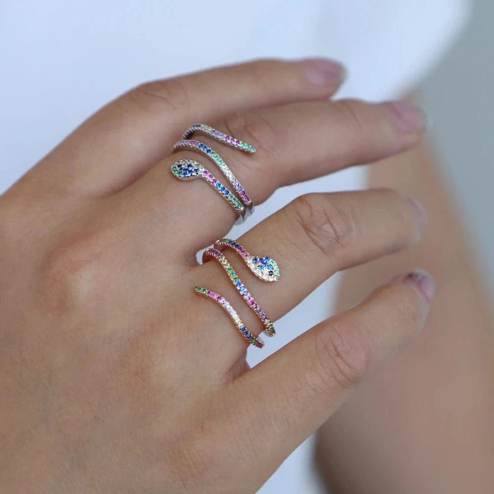 Top Quality Open Size 7 Rainbow Colorful Cubic Zirconia Multi Wrap Women Cute Full Finger Snake Shaped Ring Fashion Jewelry