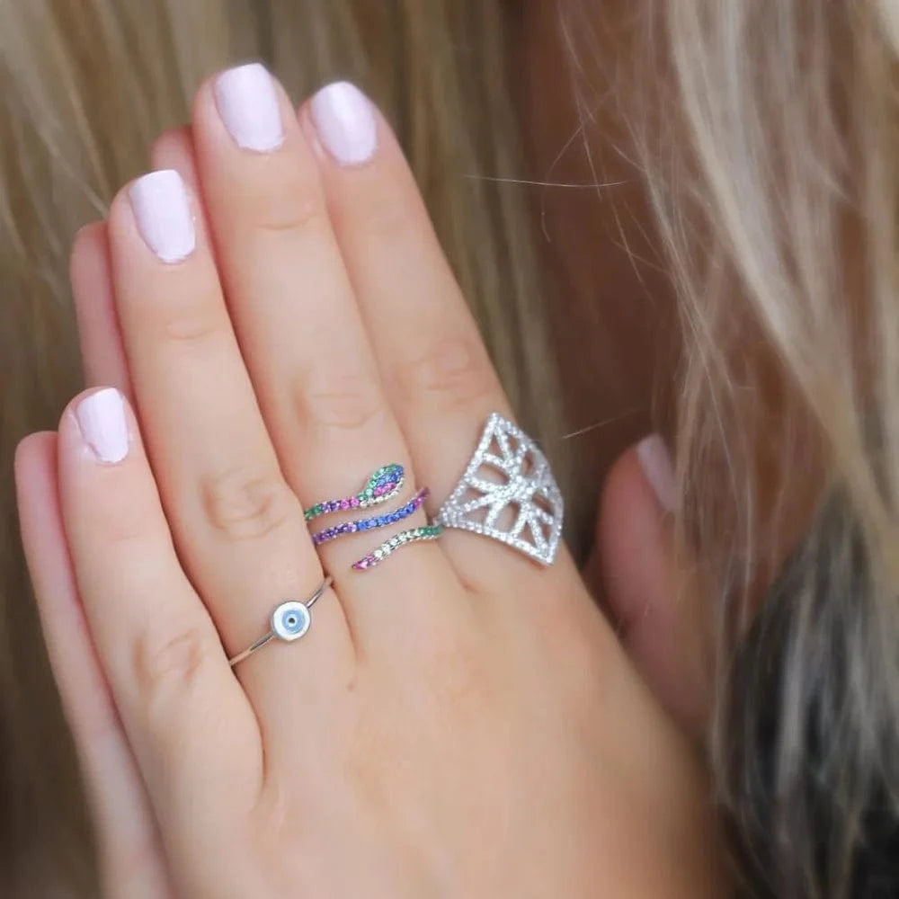 Top Quality Open Size 7 Rainbow Colorful Cubic Zirconia Multi Wrap Women Cute Full Finger Snake Shaped Ring Fashion Jewelry