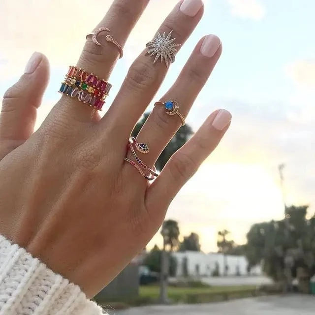 Top Quality Open Size 7 Rainbow Colorful Cubic Zirconia Multi Wrap Women Cute Full Finger Snake Shaped Ring Fashion Jewelry