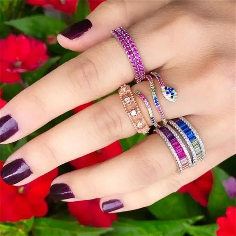 Top Quality Open Size 7 Rainbow Colorful Cubic Zirconia Multi Wrap Women Cute Full Finger Snake Shaped Ring Fashion Jewelry