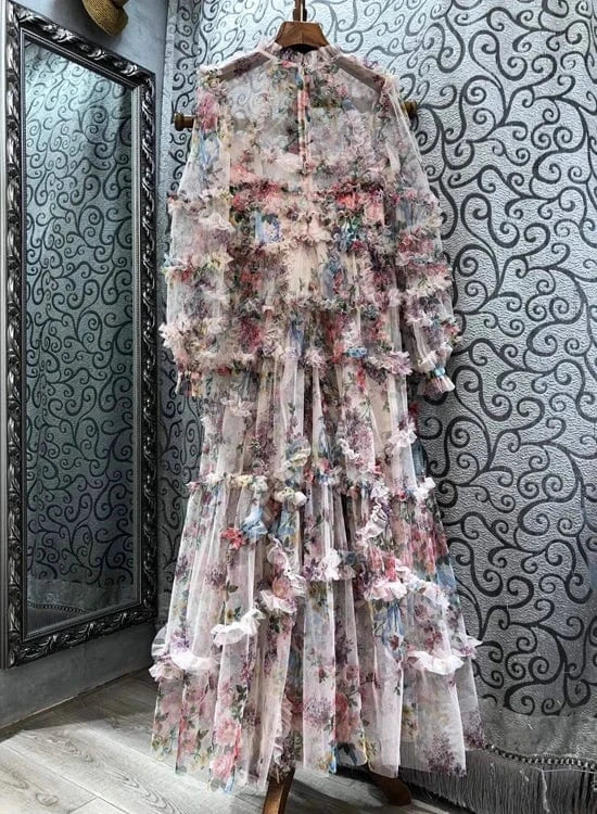 Top Quality Women's Long Dress 2024 Spring Wedding Party Ladies Charming Floral Print Long Sleeve Maxi Dress Gown Vestido
