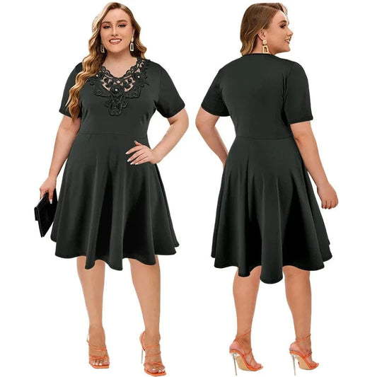 top selling products 2024 Solid color plus size women's hollow patchwork short-sleeved Loose dress