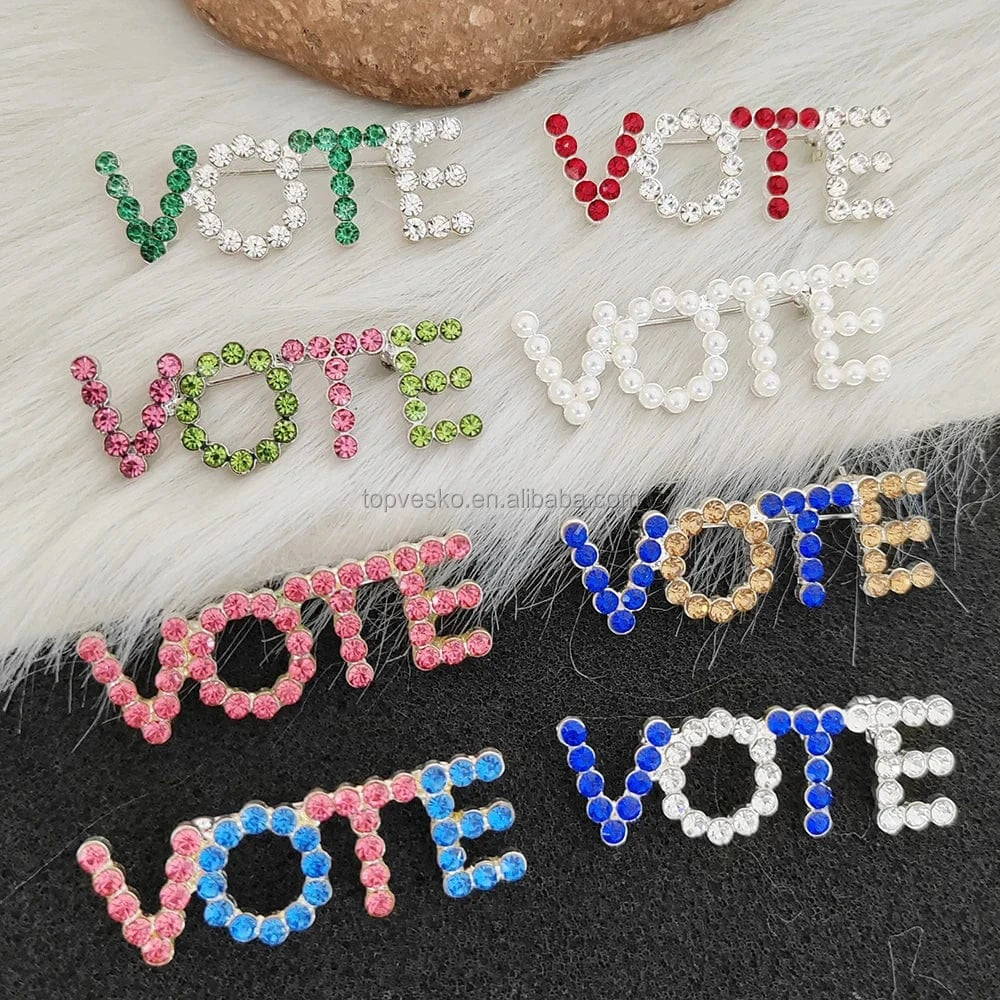 Topvesko Europe and America VOTE Brooch Women Rhinestone Pearl Lapel Pin Greek Sorority Jewelry