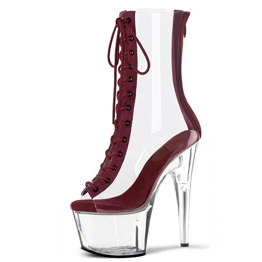 transparent 17cm PU material Peep-toe 7 inch model stiletto Thin heels Lace-up summer night club pole dancing ankle boots