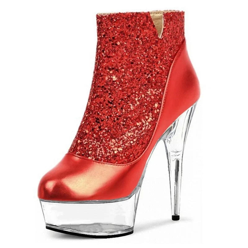 Transparent crystal bottom thin heel 15 cm thin heel gold 6 inch platform Sequin high heels sexy women's large short boots