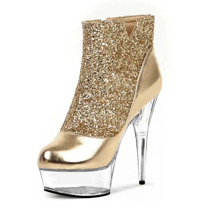 Transparent crystal bottom thin heel 15 cm thin heel gold 6 inch platform Sequin high heels sexy women's large short boots