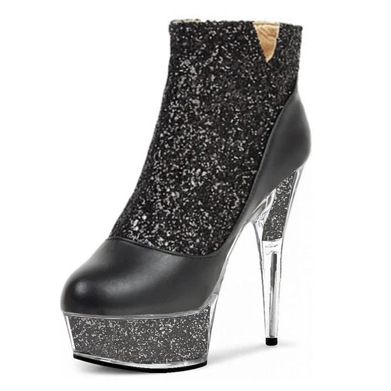 Transparent crystal bottom thin heel 15 cm thin heel gold 6 inch platform Sequin high heels sexy women's large short boots