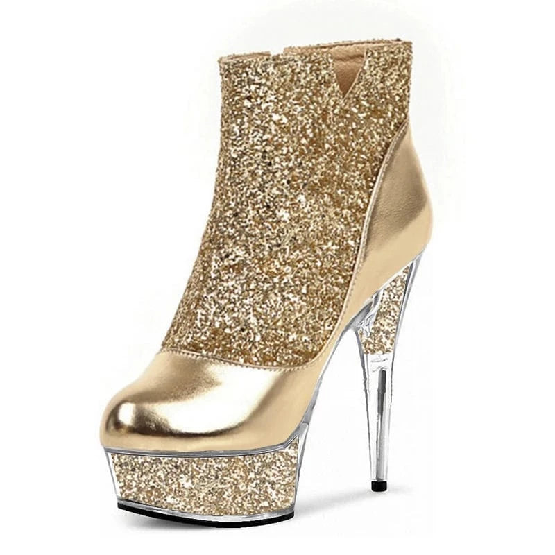 Transparent crystal bottom thin heel 15 cm thin heel gold 6 inch platform Sequin high heels sexy women's large short boots