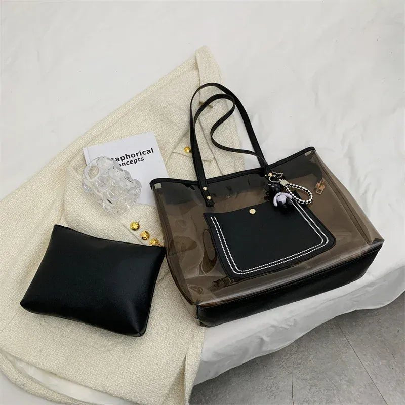 Transparent Jelly Zipper Tote Bag Large Capacity High - quality Texture Handbag Fashionable Luxury Ladies Commuter Shoulder Bag - SN Wigs & More