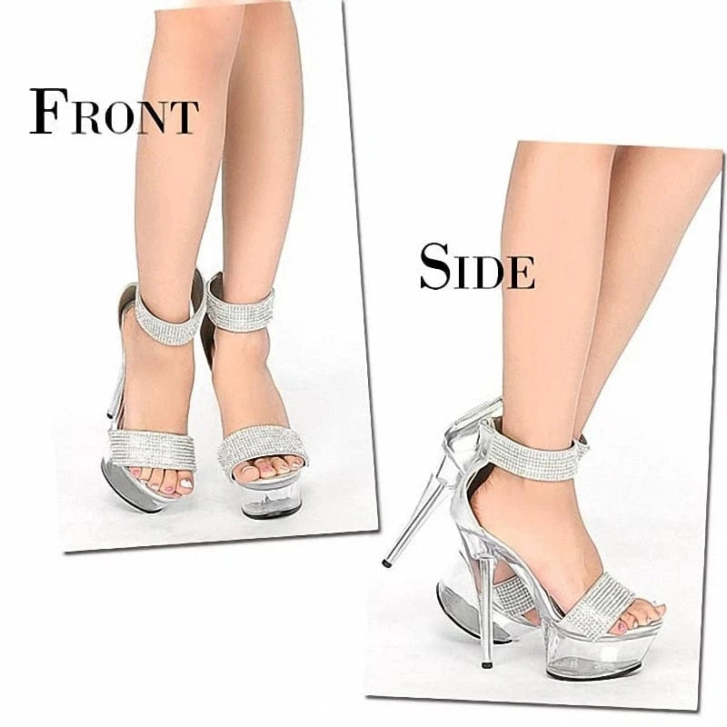 Transparent stiletto 15 cm pole dance high heels silver banquet party crystal Club striptease platform leaky toe sandals