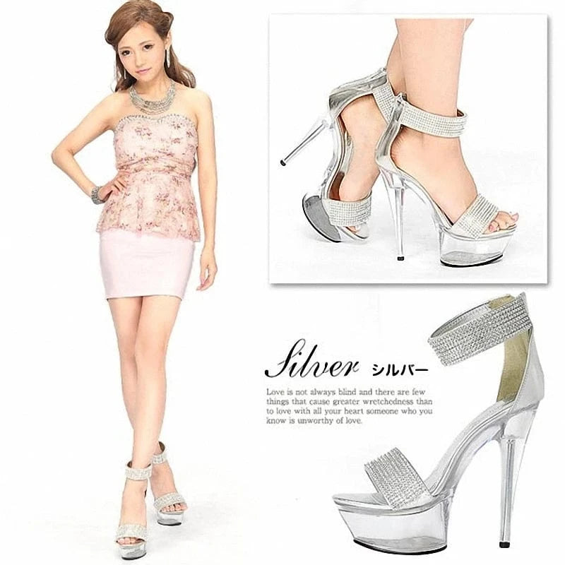 Transparent stiletto 15 cm pole dance high heels silver banquet party crystal Club striptease platform leaky toe sandals