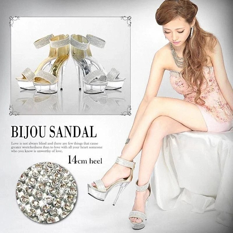 Transparent stiletto 15 cm pole dance high heels silver banquet party crystal Club striptease platform leaky toe sandals