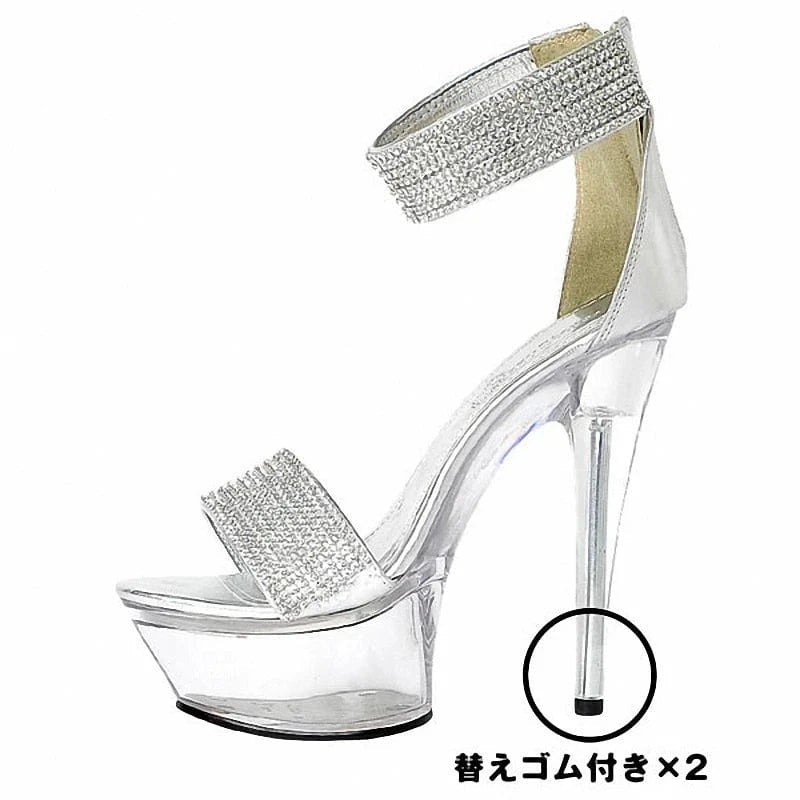 Transparent stiletto 15 cm pole dance high heels silver banquet party crystal Club striptease platform leaky toe sandals