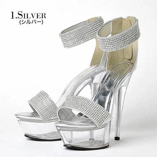 Transparent stiletto 15 cm pole dance high heels silver banquet party crystal Club striptease platform leaky toe sandals