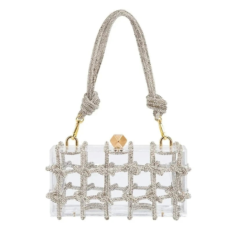 Transparent Transparent Wedding Party Handbags for Women Luxury Clear Acrylic Box Purse Woven Knotted Rhinestone Clutch Bag Evening Bags