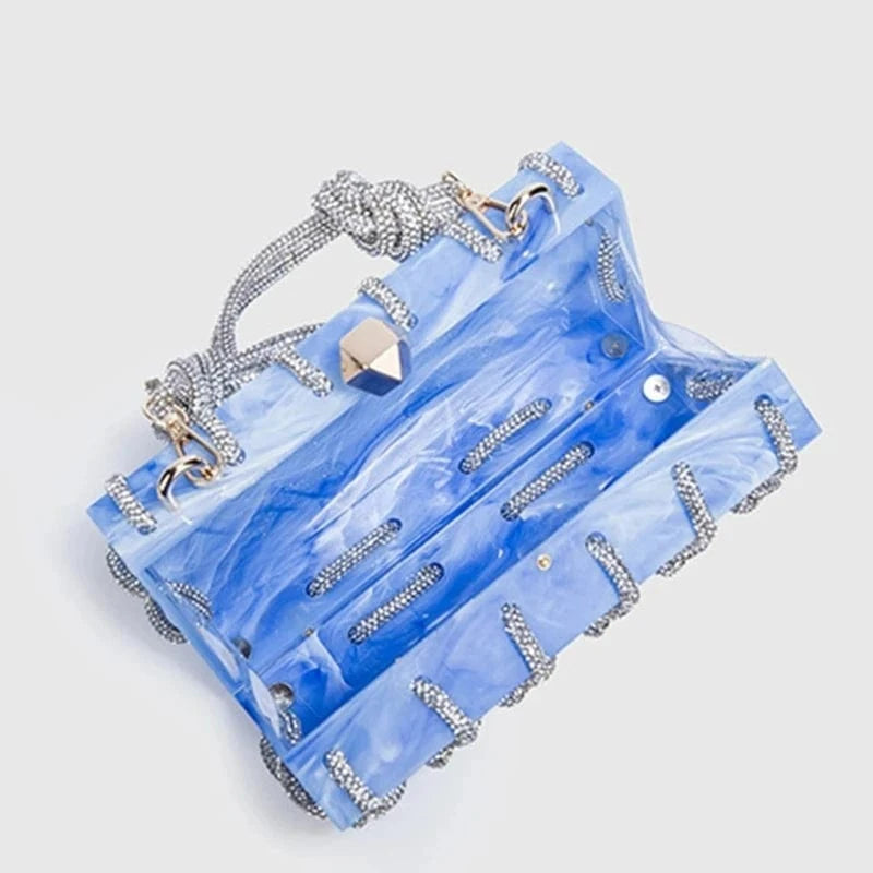 Transparent Wedding Party Handbags for Women Luxury Clear Acrylic Box Purse Woven Knotted Rhinestone Clutch Bag Evening Bags