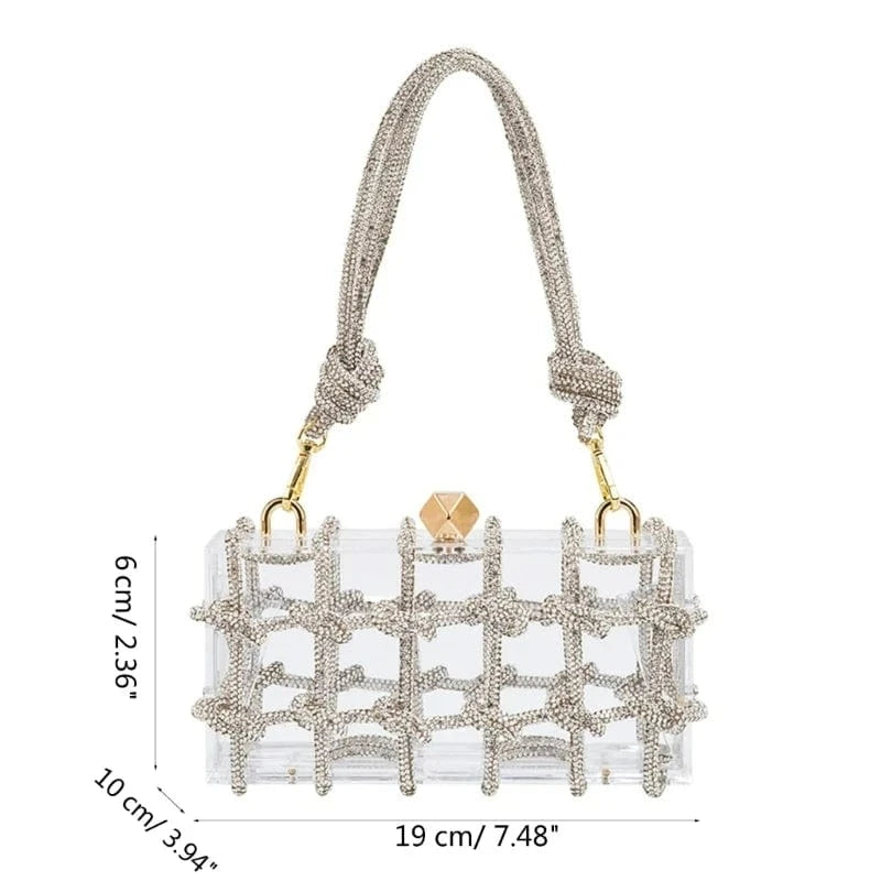 Transparent Wedding Party Handbags for Women Luxury Clear Acrylic Box Purse Woven Knotted Rhinestone Clutch Bag Evening Bags