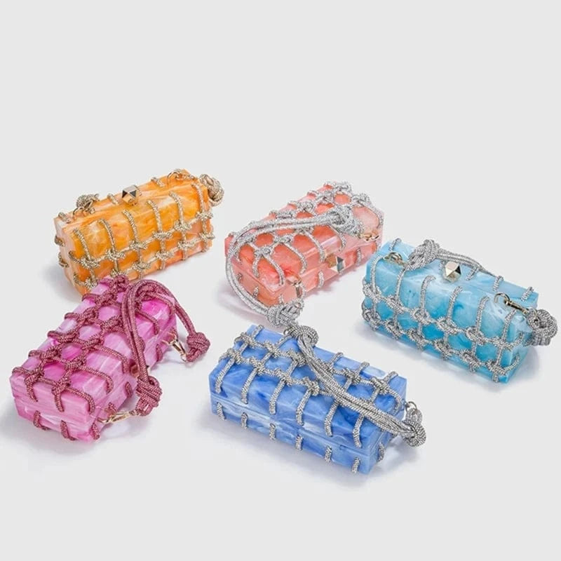 Transparent Wedding Party Handbags for Women Luxury Clear Acrylic Box Purse Woven Knotted Rhinestone Clutch Bag Evening Bags