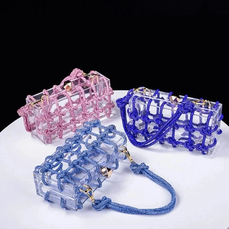 Transparent Wedding Party Handbags for Women Luxury Clear Acrylic Box Purse Woven Knotted Rhinestone Clutch Bag Evening Bags