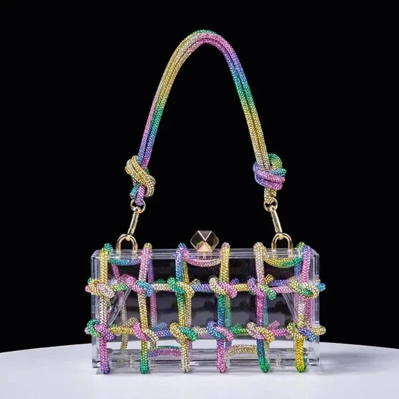 Transparent Wedding Party Handbags for Women Luxury Clear Acrylic Box Purse Woven Knotted Rhinestone Clutch Bag Evening Bags
