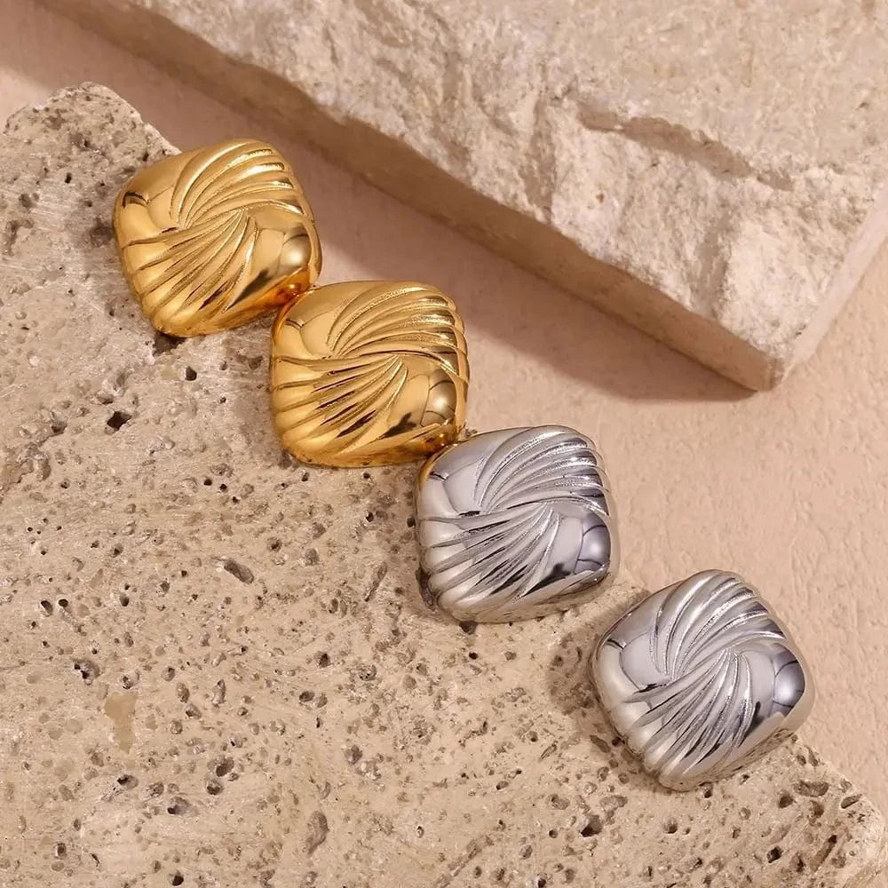 Trend 2024 Square Engraved Wing Stud Earrings Gold Plated Statement Jewelry Stainless Steel Earrings