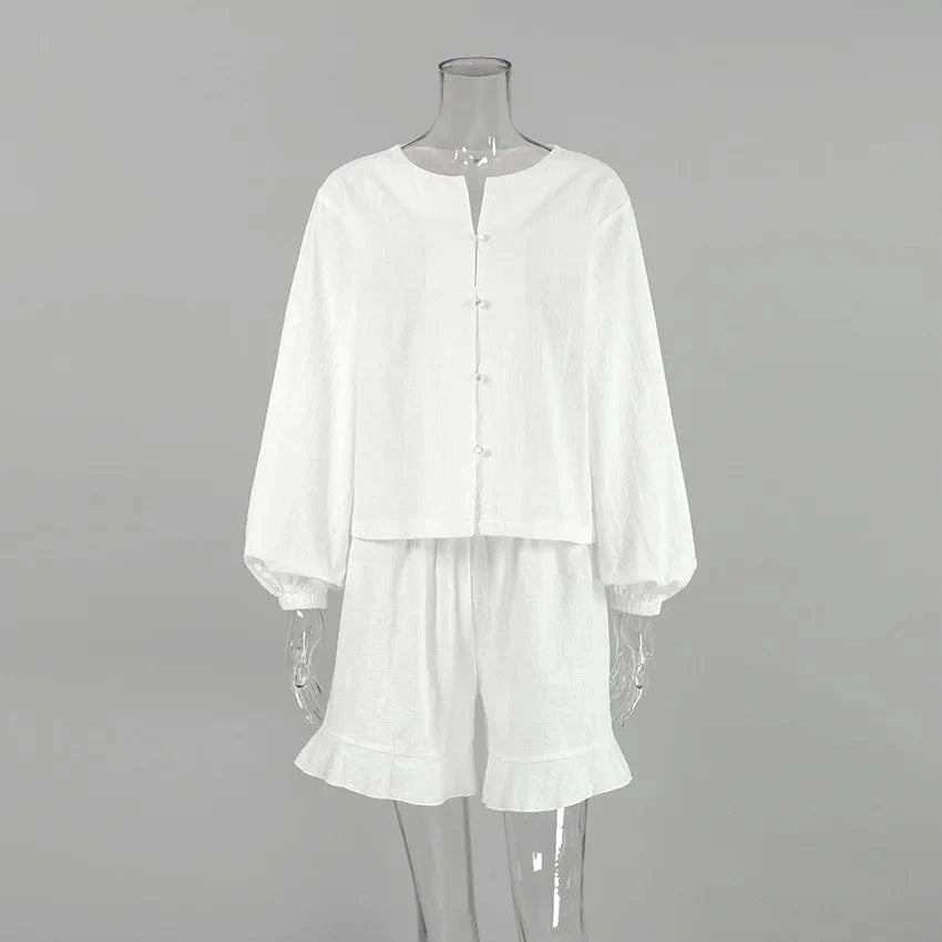 Trending Product Women 100% Cotton Two Piece Shorts Set Fashion Long Lantern Sleeve Ruffled Shorts Sets Buttons Loungewear