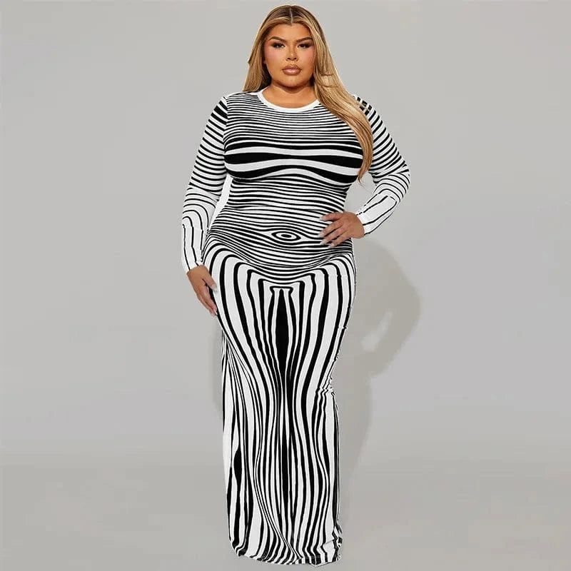 trending products 2024 new arrivals plus size women's clothing Irregular striped pattern long sleeve maxi dress