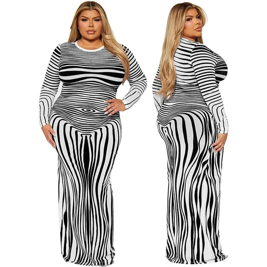 trending products 2024 new arrivals plus size women's clothing Irregular striped pattern long sleeve maxi dress