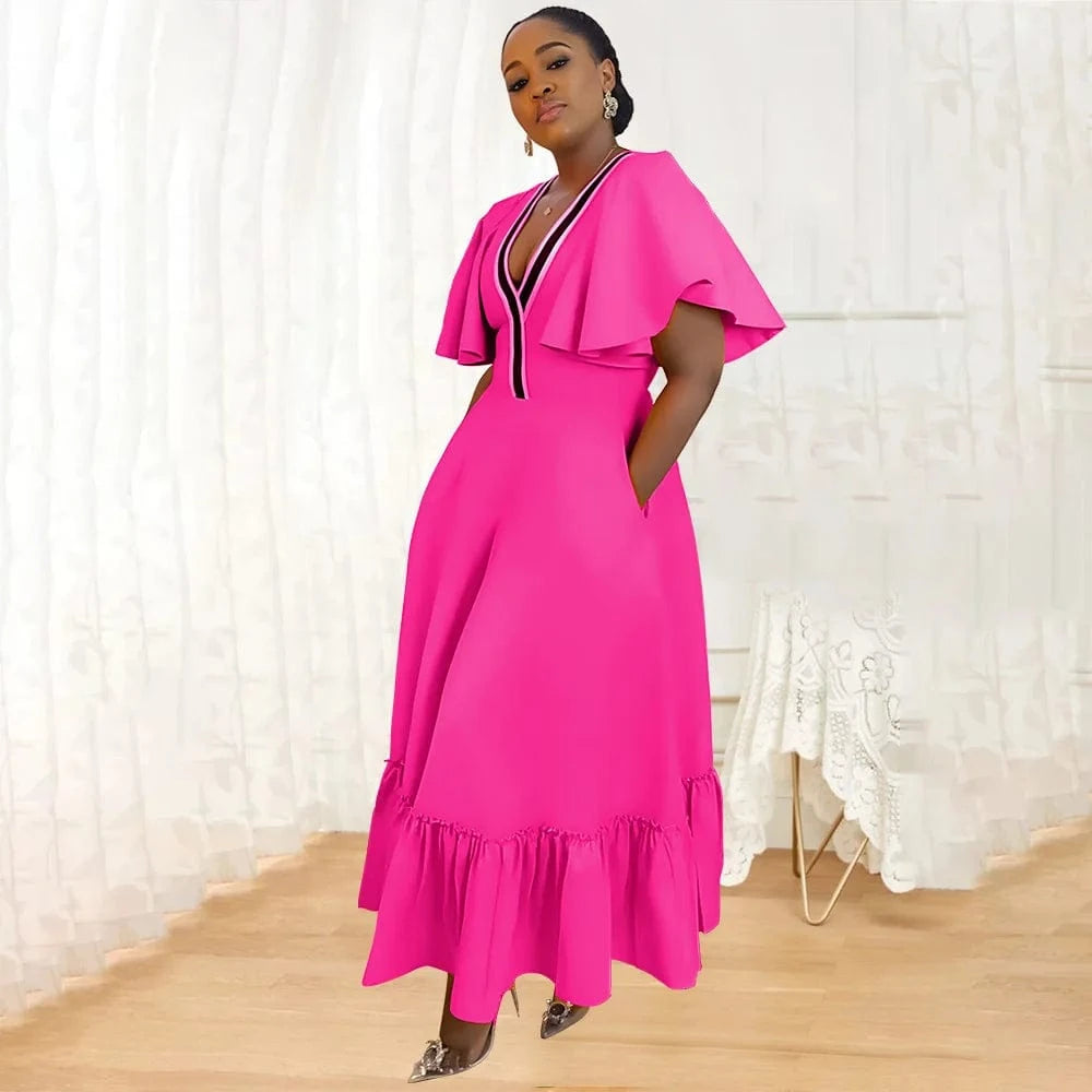 trending products 2024 new arrivals plus size women's clothing Solid color Women's V-neck ruffled sleeve casual dress