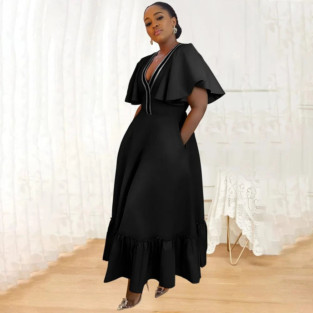 trending products 2024 new arrivals plus size women's clothing Solid color Women's V-neck ruffled sleeve casual dress