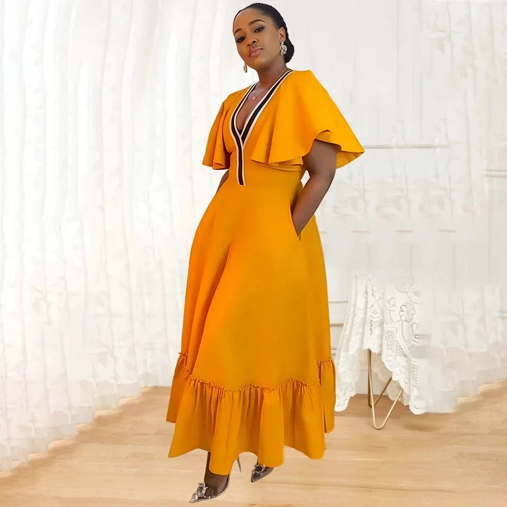 trending products 2024 new arrivals plus size women's clothing Solid color Women's V-neck ruffled sleeve casual dress