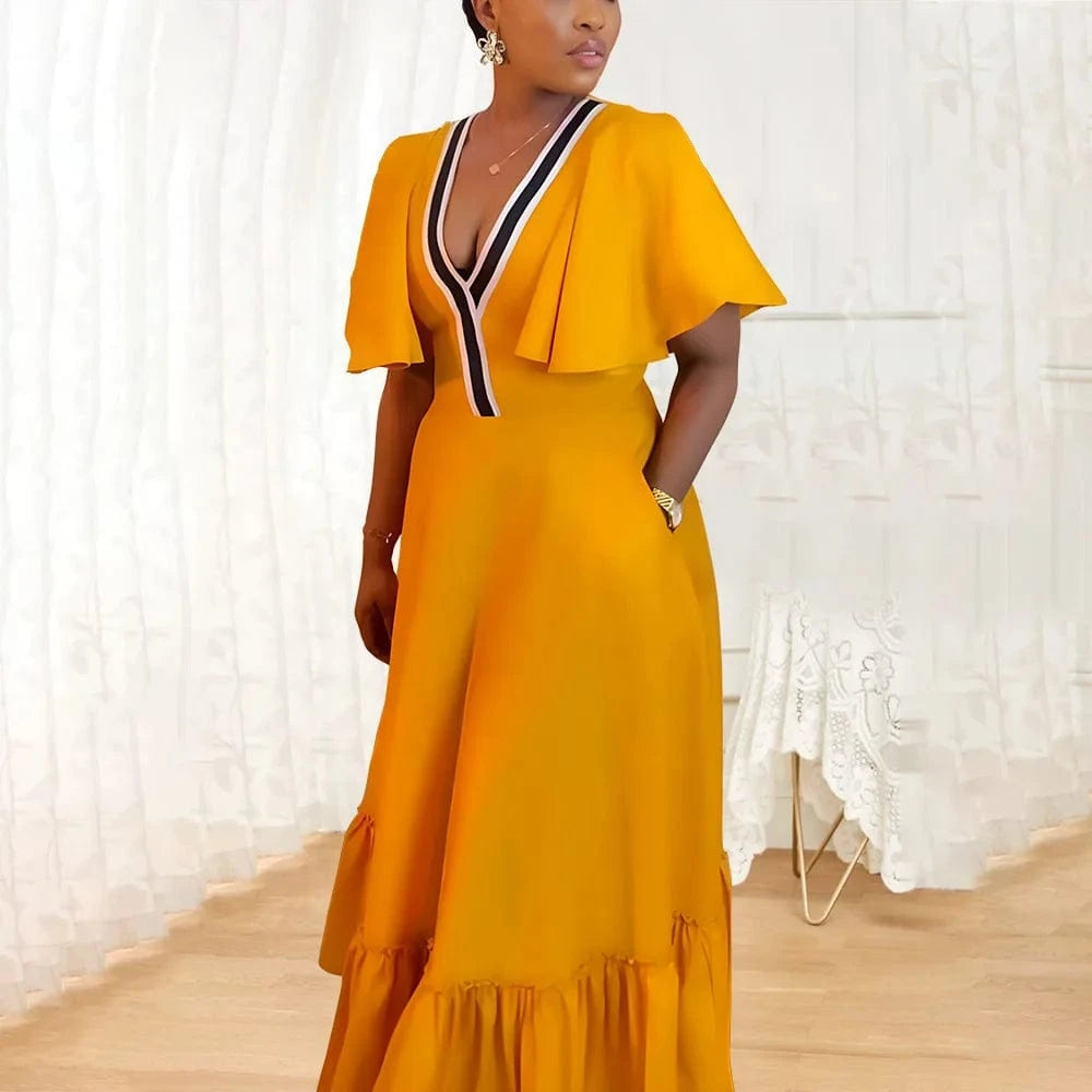 trending products 2024 new arrivals plus size women's clothing Solid color Women's V-neck ruffled sleeve casual dress