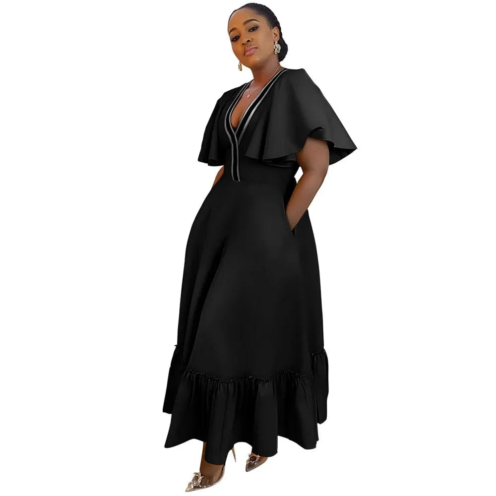 trending products 2024 new arrivals plus size women's clothing Solid color Women's V-neck ruffled sleeve casual dress