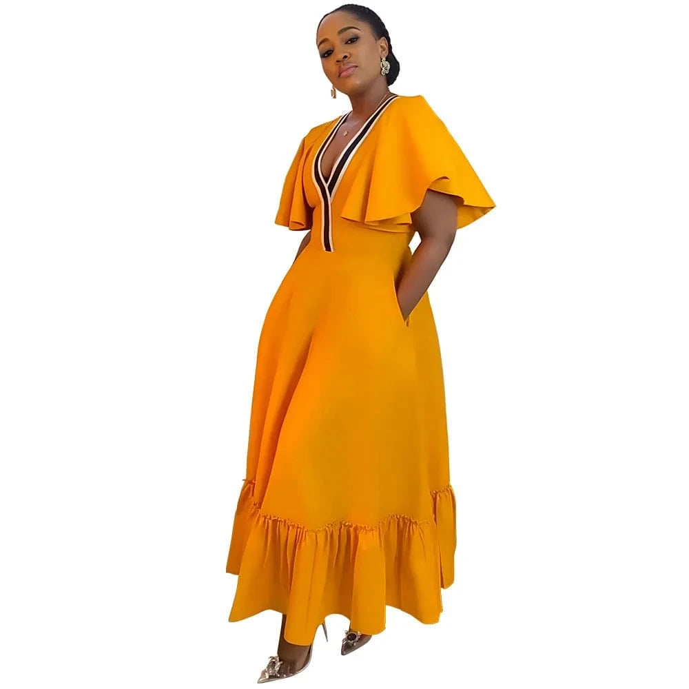 trending products 2024 new arrivals plus size women's clothing Solid color Women's V-neck ruffled sleeve casual dress