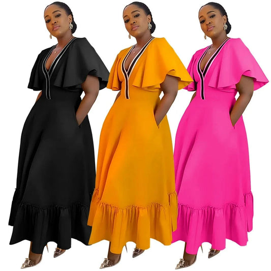 trending products 2024 new arrivals plus size women's clothing Solid color Women's V-neck ruffled sleeve casual dress