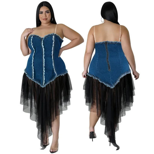 trending products 2024 new arrivals plus size women's halter neck women's patchwork mesh denim dress