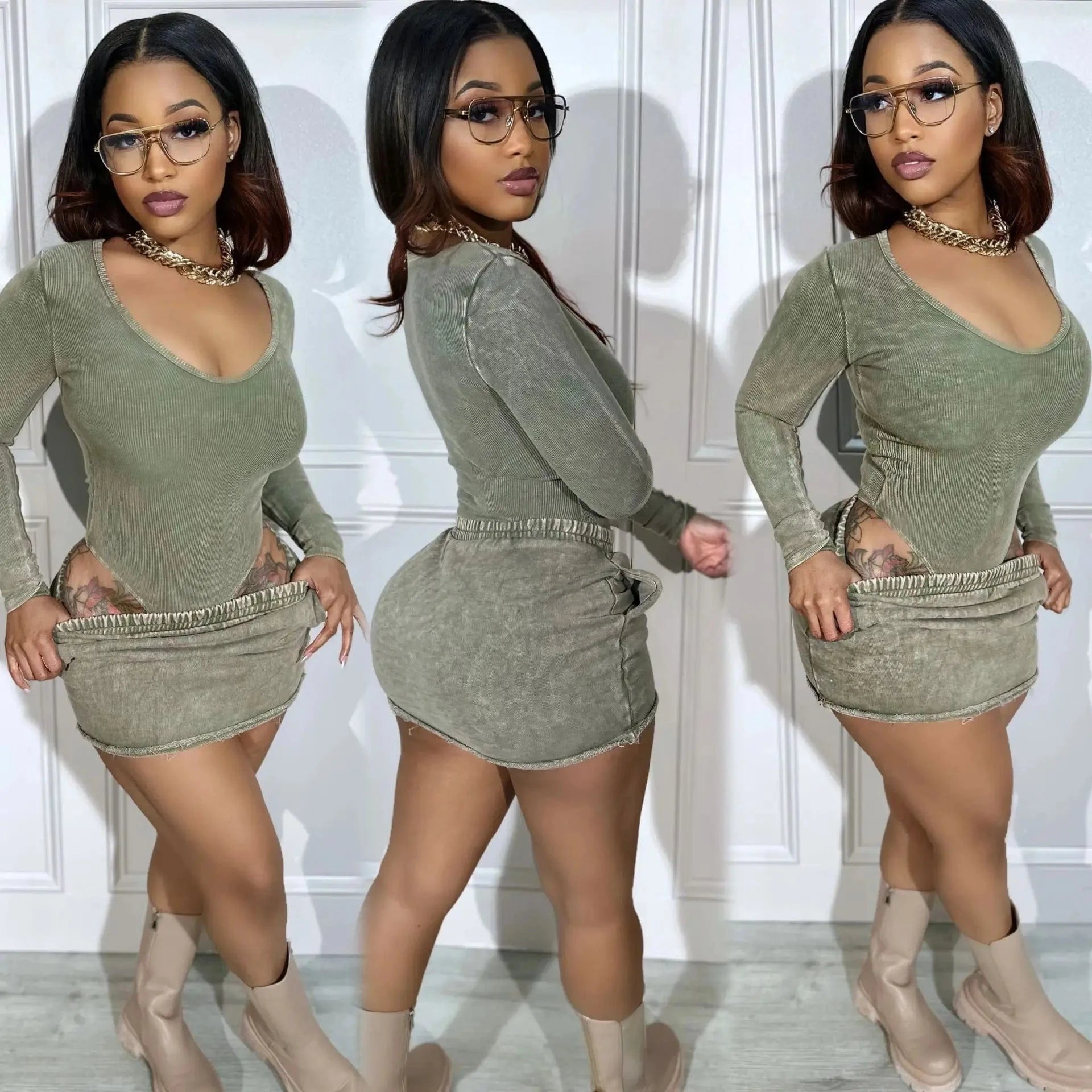 Trending Short Skirt 2 Piece Set Fall Winter 2024 Women Clothes Fashion Sexy Two Piece Casual Skirt Suit Ribbed Mini Skirt Set