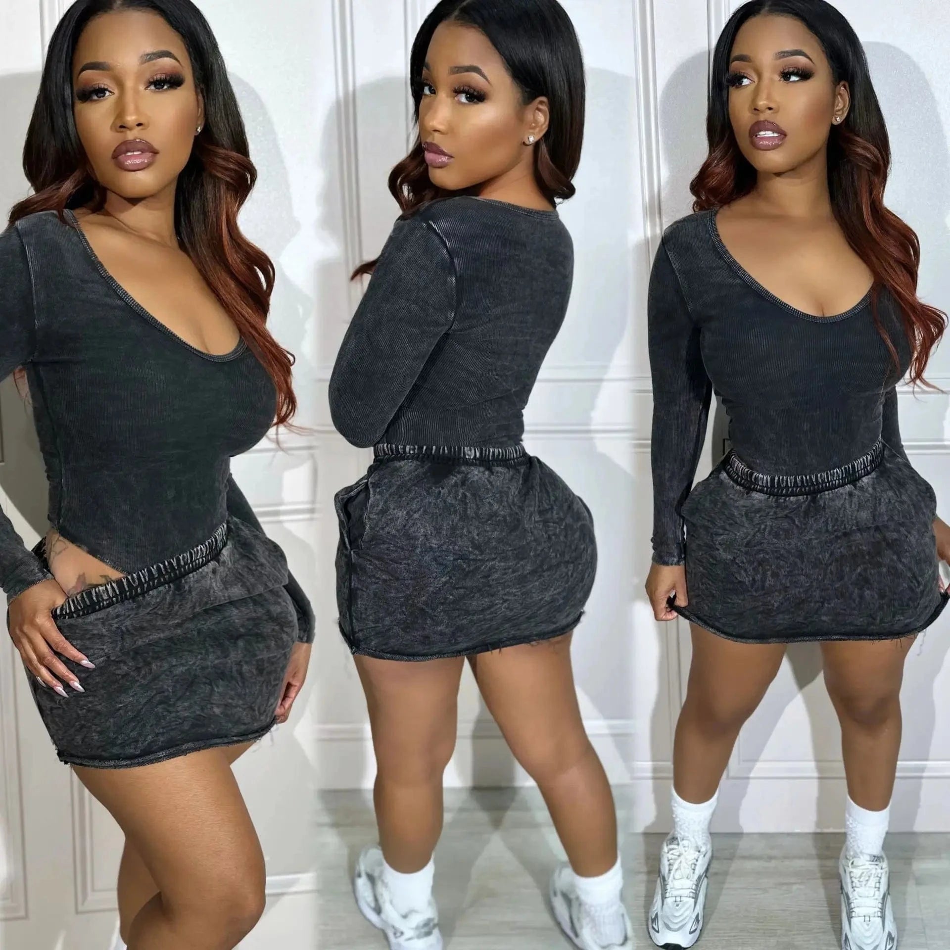 Trending Short Skirt 2 Piece Set Fall Winter 2024 Women Clothes Fashion Sexy Two Piece Casual Skirt Suit Ribbed Mini Skirt Set