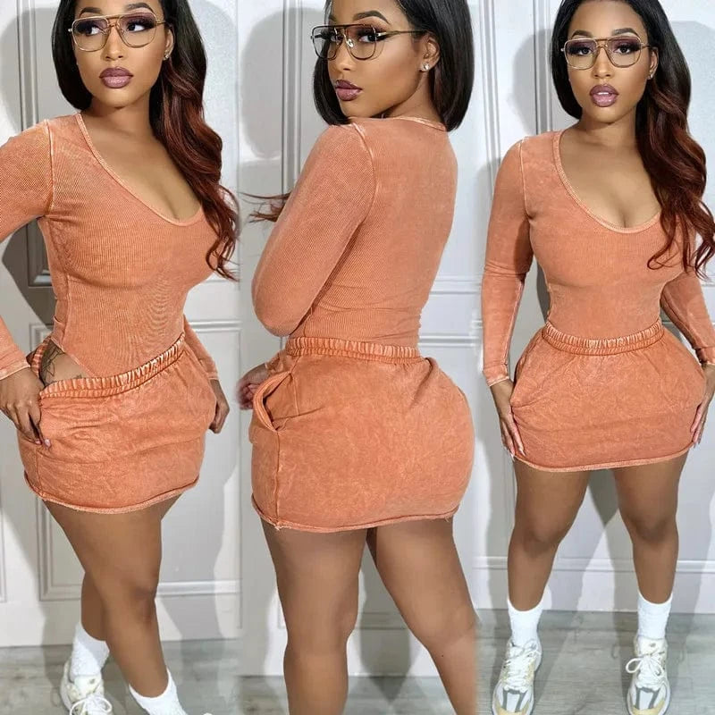 Trending Short Skirt 2 Piece Set Fall Winter 2024 Women Clothes Fashion Sexy Two Piece Casual Skirt Suit Ribbed Mini Skirt Set