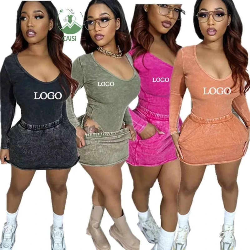 Trending Short Skirt 2 Piece Set Fall Winter 2024 Women Clothes Fashion Sexy Two Piece Casual Skirt Suit Ribbed Mini Skirt Set