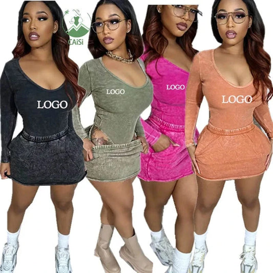 Trending Short Skirt 2 Piece Set Fall Winter 2024 Women Clothes Fashion Sexy Two Piece Casual Skirt Suit Ribbed Mini Skirt Set