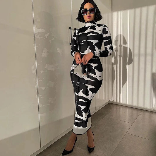 Trending Women Clothing 2024 Autumn Winter Sexy Printed Long Sleeve Bodycon Maxi Dress