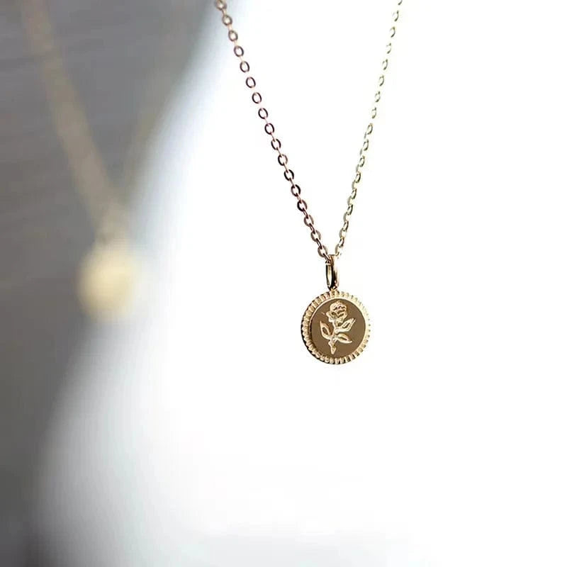 Trendy 14k Gold Plated 925 Sterling Silver Jewelry Rose Flower Coin Pendant Necklace For Women