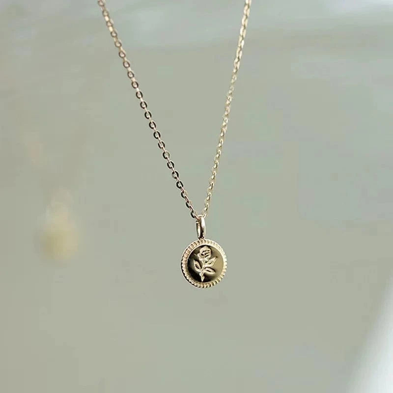 Trendy 14k Gold Plated 925 Sterling Silver Jewelry Rose Flower Coin Pendant Necklace For Women
