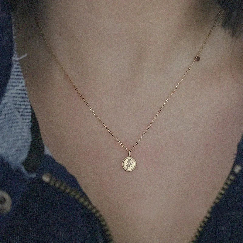 Trendy 14k Gold Plated 925 Sterling Silver Jewelry Rose Flower Coin Pendant Necklace For Women