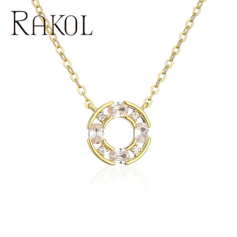 TRENDY / 16inches / Gold Rakol NP5191 18k Gold Plated Cz Circle Necklace For Women Cubic Zirconia Round Hollow Pendant Necklace Tarnish Free Jewelry